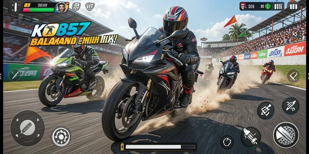 Tampilan gameplay KO857 yang mendebarkan saat balapan motor.